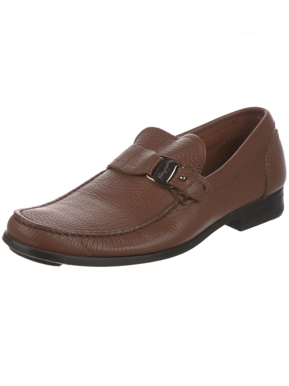 Salvatore Ferragamo Bravo Pebbled Buckle Strap Loafer Solid Brown Size 7.5 D